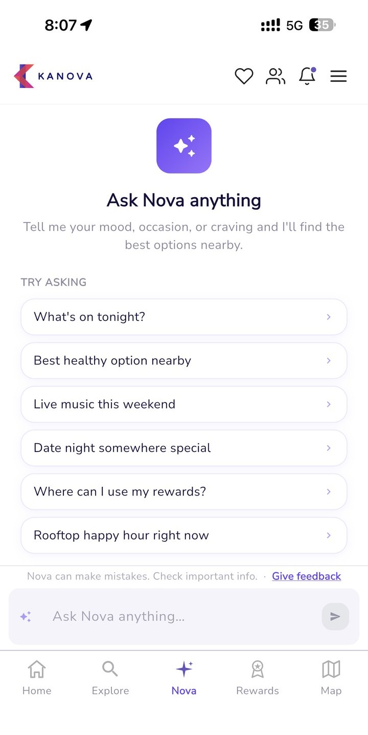 Kanova Nova AI recommendations screen